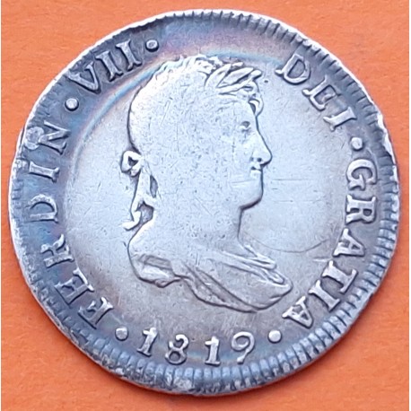 ESPAÑA Rey FERNANDO VII 2 REALES 1819 JJ Ceca de MEXICO MONEDA DE PLATA @PATINA@ Spain silver coin Ferdin Dei Gratia