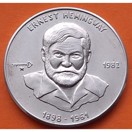 CUBA 1 PESO 1982 ESCRITOR ERNEST HEMINGWAY Libro EL VIEJO y EL MAR KM.88 MONEDA DE NICKEL SC + IMPERFECCIONES Caribe