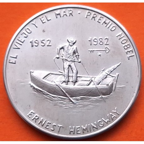CUBA 1 PESO 1982 EL VIEJO y EL MAR - PREMIO NOBEL ERNEST HEMINGWAY KM.90 MONEDA DE NICKEL SC + IMPERFECCIONES Caribe