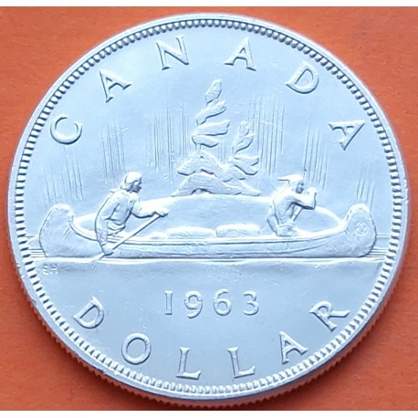 @ÚLTIMO AÑO DE ESTE BUSTO@ CANADA 1 DOLAR 1963 INDIOS EN CANOA - VOYAGEUR KM.54 MONEDA DE PLATA EBC $1 Dollar silver R/3