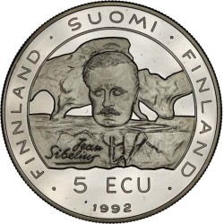 FINLANDIA 5 ECU 1992 MÚSICO JEAN SIBELIUS - CONFERENCIA DE SEGURIDAD KM.X.1 MONEDA DE NICKEL SC Finnland