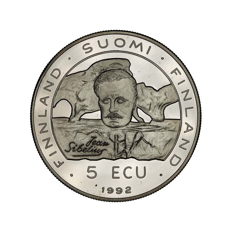 FINLANDIA 5 ECU 1992 MÚSICO JEAN SIBELIUS - CONFERENCIA DE SEGURIDAD KM.X.1 MONEDA DE NICKEL SC Finnland
