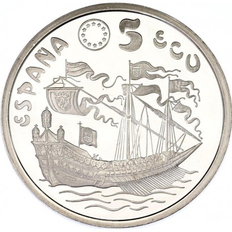 1 ONZA x ESPAÑA 5 ECU 1995 LA MARINA ESPAÑOLA GALEON y BARCO ANTIGUO MONEDA DE PLATA PROOF NO ESTUCHE FNMT 5 Ecus 1995