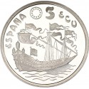 1 ONZA x ESPAÑA 5 ECU 1995 LA MARINA ESPAÑOLA GALEON y BARCO ANTIGUO MONEDA DE PLATA PROOF NO ESTUCHE FNMT 5 Ecus 1995