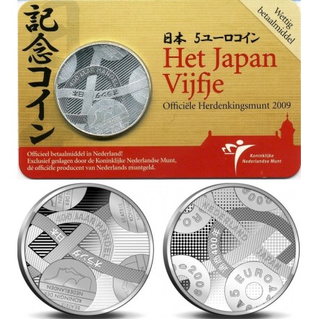 HOLANDA 5 EUROS 2009 RELACIONES COMERCIALES CON JAPON MONEDA PLATA/NICKEL SC @COINCARD + AGUJERO@ The Netherlands