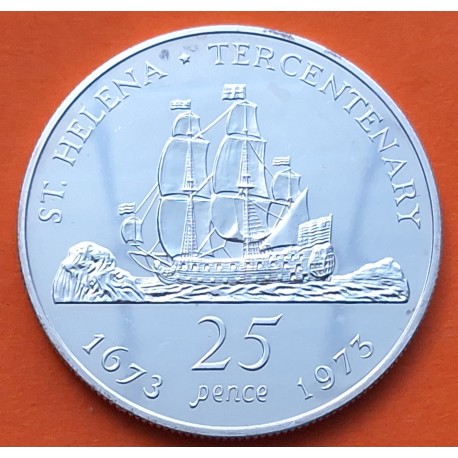 SANTA HELENA 25 PENIQUES 1973 BARCO III TERCENTENARY 1673 QUEEN ELIZABETH II KM.5 A MONEDA DE PLATA PROOF @IMPERFECCIONES@