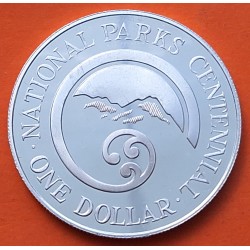 NUEVA ZELANDA 1 DOLAR 1987 PARQUES NACIONALES e ISABEL II KM.65 MONEDA DE PLATA PROOF + IMPERFECCIONES New Zealand