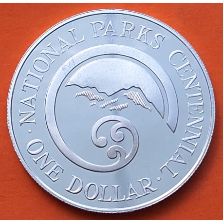 NUEVA ZELANDA 1 DOLAR 1987 PARQUES NACIONALES e ISABEL II KM.65 MONEDA DE PLATA PROOF + IMPERFECCIONES New Zealand