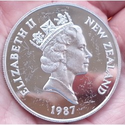 NUEVA ZELANDA 1 DOLAR 1987 PARQUES NACIONALES e ISABEL II KM.65 MONEDA DE PLATA PROOF + IMPERFECCIONES New Zealand