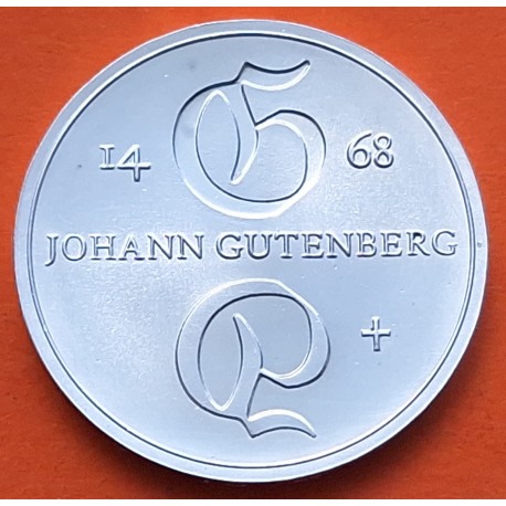 ALEMANIA DEMOCRATICA 10 MARCOS 1968 JOHANN GUTENBERG IMPRENTA KM.20.1 MONEDA DE PLATA SC DDR RDA 10 Marks Silver