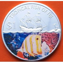 @COLORES@ FIJI 1 DOLAR 2009 PEZ ÁNGEL e ISABEL II Tropical Fish KM.145 MONEDA DE NICKEL + BAÑO DE PLATA SC