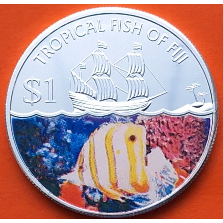 @COLORES@ FIJI 1 DOLAR 2009 PEZ ÁNGEL e ISABEL II Tropical Fish KM.145 MONEDA DE NICKEL + BAÑO DE PLATA SC