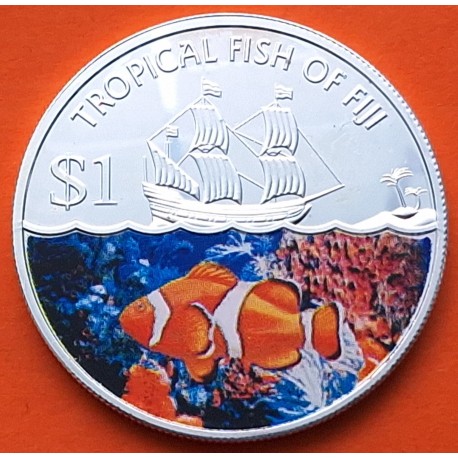 @COLORES@ FIJI 1 DOLAR 2009 PEZ PAYASO e ISABEL II Tropical Fish KM.150 MONEDA DE NICKEL + BAÑO DE PLATA SC