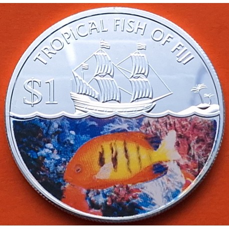 @COLORES@ FIJI 1 DOLAR 2009 PEZ ANGEL DE LLAMA e ISABEL II Tropical Fish KM.149 MONEDA DE NICKEL + BAÑO DE PLATA SC