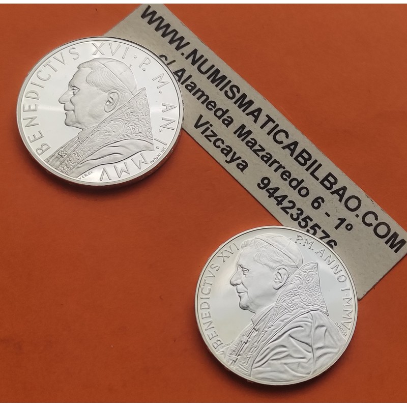 2 monedas @RARAS@ x VATICANO 5 EUROS 2005 + VATICANO 10 EUROS 2005 PAPA BENEDICTO XVI PLATA PROOF NO ESTUCHE