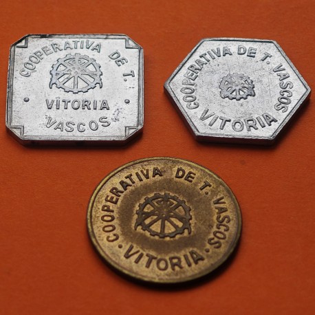 . @RARAS@ VITORIA 10 CENTIMOS + 25 CENTIMOS + 1 PESETA 1937 a 1939 3 x FICHA DE COOPERATIVA TRABAJADORES VASCOS EUSKADI ALAVA