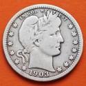 @ESCASA@ ESTADOS UNIDOS 1/4 DOLAR 1903 O BARBER y AGUILA KM.114 MONEDA DE PLATA USA silver Quarter Dollar 25 Centavos