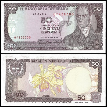 COLOMBIA 50 PESOS 1986 CAMILO TORRES y ORQUIDEAS Pick 425B BILLETE SC 50 Pesos de Oro 1986 UNC BANKNOTE