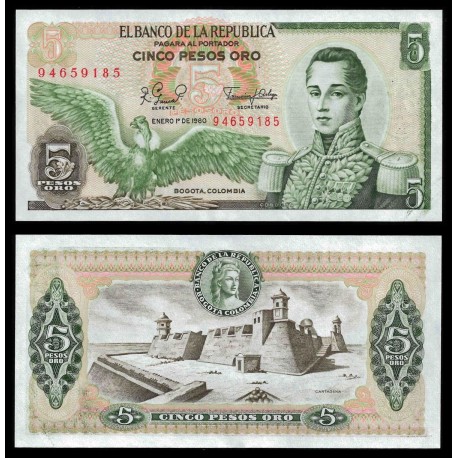 COLOMBIA 5 PESOS 1980 GENERAL CORDOBA y FORTALEZA DE CARTAGENA Pick 406F BILLETE SC 5 Pesos de Oro 1980 UNC BANKNOTE