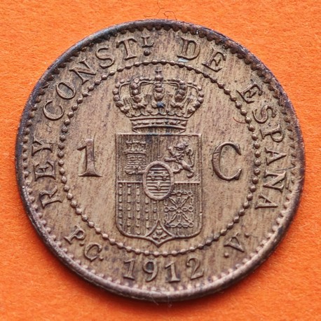 ESPAÑA Rey ALFONSO XIII 1 CENTIMO 1912 * 2 PCV REY y ESCUDO KM.731 MONEDA DE BRONCE MBC+ Spain R/1
