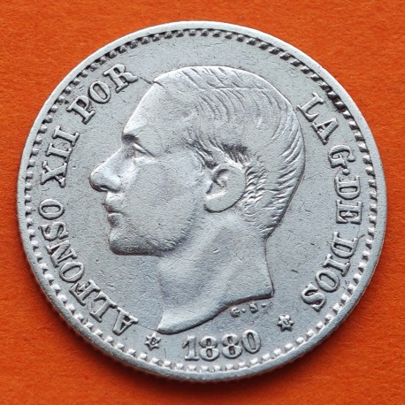. ESPAÑA Rey ALFONSO XII 50 CENTIMOS 1880 * 8/0 MSM REY y ESCUDO KM.685 MONEDA DE PLATA MBC- Spain R/3