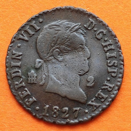 ESPAÑA REY FERNANDO VII 2 MARAVEDIES 1827 Ceca de SEGOVIA KM.487.1 MONEDA DE COBRE MBC + ALABEADA Spain 2 Maravedis R/2