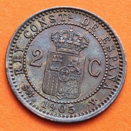 ESPAÑA Rey ALFONSO XIII 2 CENTIMOS 1905 * 05 SMV REY y ESCUDO KM.722 MONEDA DE COBRE EBC- Spain R/1