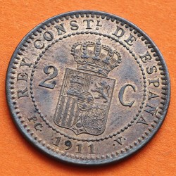 ESPAÑA Rey ALFONSO XIII 2 CENTIMOS 1911 * 11 PCV KM.732 MONEDA DE COBRE SC- BRILLO ORIGINAL R/3