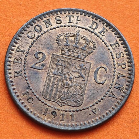 ESPAÑA Rey ALFONSO XIII 2 CENTIMOS 1911 * 11 PCV KM.732 MONEDA DE COBRE SC- BRILLO ORIGINAL R/3