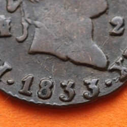 ESPAÑA Rey FERNANDO VII 2 MARAVEDIES 1833 Ceca de SEGOVIA KM.487.1 MONEDA DE COBRE MBC Spain 2 Maravedis R/1