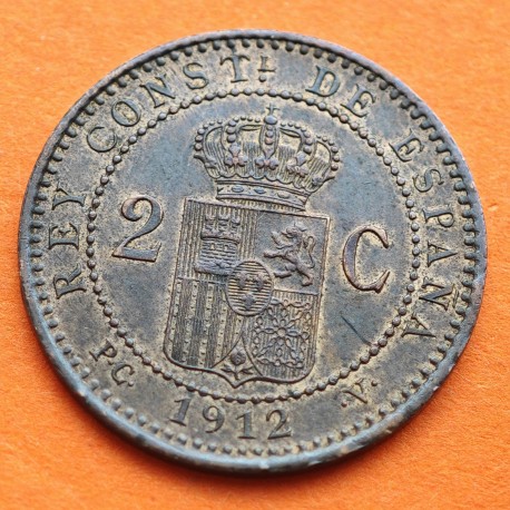 ESPAÑA Rey ALFONSO XIII 2 CENTIMOS 1912 * 12 PCV KM.732 MONEDA DE COBRE EBC/SC- + IMPERFECCIONES R/4
