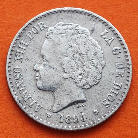 ESPAÑA Rey ALFONSO XIII 50 CENTIMOS 1894 * 9 4 MSM BUSTO Tipo RIZOS KM.703 MONEDA DE PLATA R/1