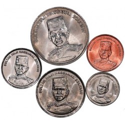 . 5 monedas x SULTANATO DE BRUNEI 1 + 5 + 10 + 20 + 50 SEN 2005 SULTAN HASSANAL BOLKIAH NICKEL y COBRE SC