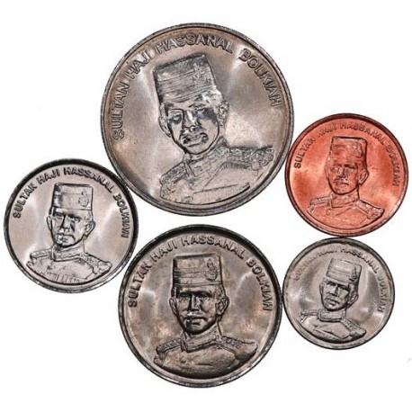 . 5 monedas x SULTANATO DE BRUNEI 1 + 5 + 10 + 20 + 50 SEN 2005 SULTAN HASSANAL BOLKIAH NICKEL y COBRE SC