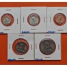 . 5 monedas x SULTANATO DE BRUNEI 1 + 5 + 10 + 20 + 50 SEN 2005 SULTAN HASSANAL BOLKIAH NICKEL y COBRE SC