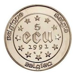 @ESTUCHE y CERTIFICADO@ BELGICA 5 ECU 1991 CARLOMAGNO EMPERADOR KM.183 MONEDA DE PLATA PROOF Belgium silver