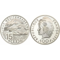 @ESTUCHE y CERTIFICADO@ FRANCIA 100 FRANCOS 1993 NATACIÓN - JUEGOS DEL MEDITERRANEO KM.1029 MONEDA DE PLATA PROOF France 15 Ecus