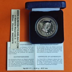 . @ESTUCHE y CERTIFICADO@ BELGICA 5 ECU 1991 CARLOMAGNO EMPERADOR KM.183 MONEDA DE PLATA PROOF Belgium silver