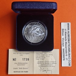 @ESTUCHE y CERTIFICADO@ FRANCIA 100 FRANCOS 1993 NATACIÓN - JUEGOS DEL MEDITERRANEO KM.1029 MONEDA DE PLATA PROOF France 15 Ecus
