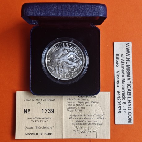 @ESTUCHE y CERTIFICADO@ FRANCIA 100 FRANCOS 1993 NATACIÓN - JUEGOS DEL MEDITERRANEO KM.1029 MONEDA DE PLATA PROOF France 15 Ecus