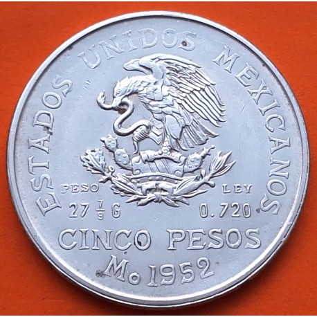 MEXICO 5 PESOS 1952 HIDALGO KM.467 MONEDA DE PLATA MBC+ Mejico silver coin 0,64 ONZAS R/2