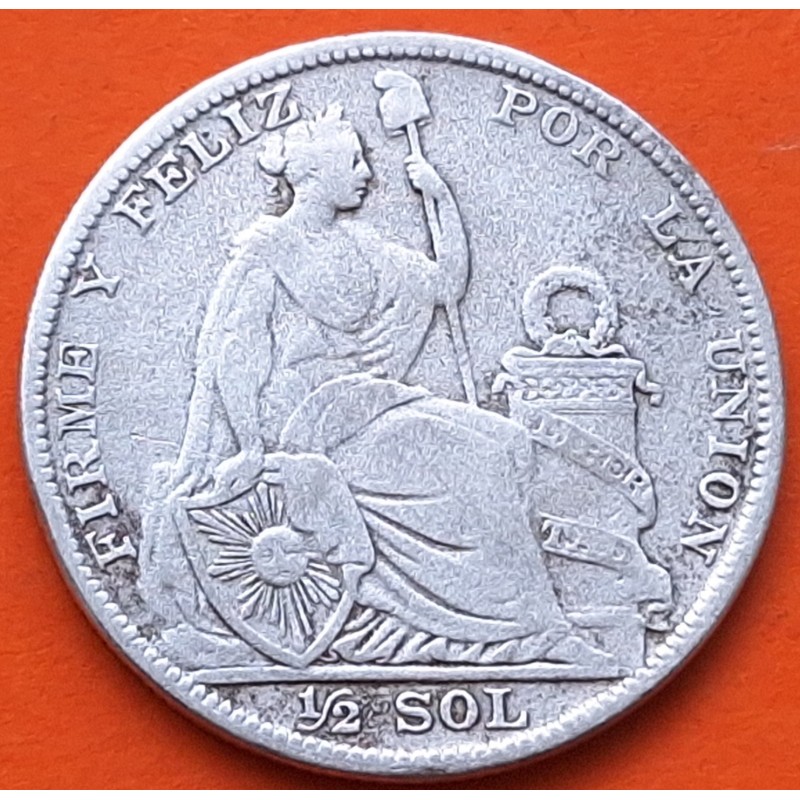 @ESCASA@ PERU 1/2 SOL 1923 DAMA SENTADA y ESCUDO KM.216 MONEDA DE PLATA BAJA República Peruana