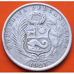 @ESCASA@ PERU 1/2 SOL 1923 DAMA SENTADA y ESCUDO KM.216 MONEDA DE PLATA BAJA República Peruana