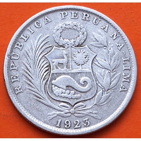 @ESCASA@ PERU 1/2 SOL 1923 DAMA SENTADA y ESCUDO KM.216 MONEDA DE PLATA BAJA República Peruana