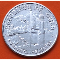 CUBA 40 CENTAVOS 1952 BANDERA - ARBOL - 50 AÑOS DE LIBERTAD y PROGRESO KM.25 MONEDA DE PLATA MBC+ @ESCASA@ silver coin R/1