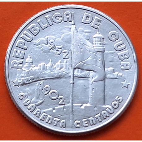 CUBA 40 CENTAVOS 1952 BANDERA - ARBOL - 50 AÑOS DE LIBERTAD y PROGRESO KM.25 MONEDA DE PLATA MBC+ @ESCASA@ silver coin R/1