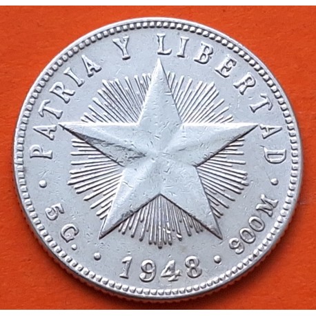 @ESCASA@ CUBA 20 CENTAVOS 1948 PATRIA y LIBERTAD ESTRELLA KM.13.2 MONEDA DE PLATA EBC- Caribe Havana silver