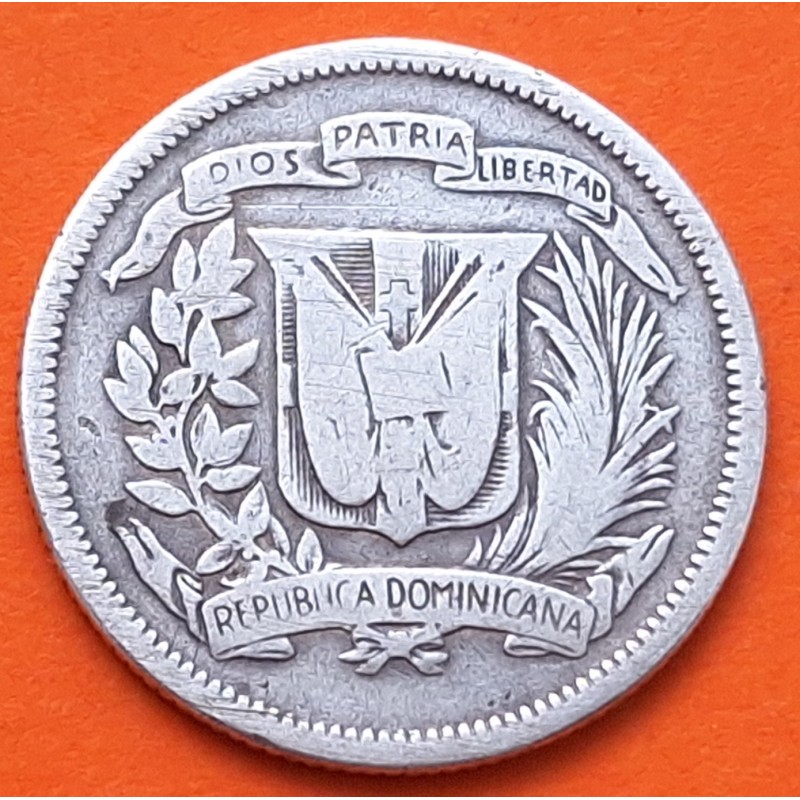 REPUBLICA DOMINICANA 25 CENTAVOS 1947 INDIO CON PLUMAS KM.20 MONEDA DE PLATA MUY CIRCULADA Dominican Republic silver