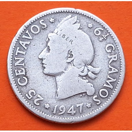 REPUBLICA DOMINICANA 25 CENTAVOS 1947 INDIO CON PLUMAS KM.20 MONEDA DE PLATA MUY CIRCULADA Dominican Republic silver