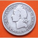 REPUBLICA DOMINICANA 25 CENTAVOS 1947 INDIO CON PLUMAS KM.20 MONEDA DE PLATA MUY CIRCULADA Dominican Republic silver